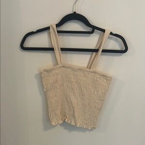 Cream Smocked Ruffled Crop Tank Top